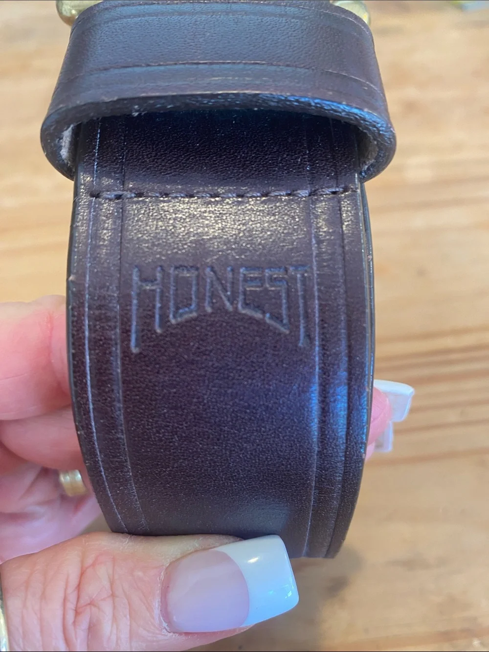 The Honest Company Dark Brown Triple-Prong Leather Belt with Brass Buckles